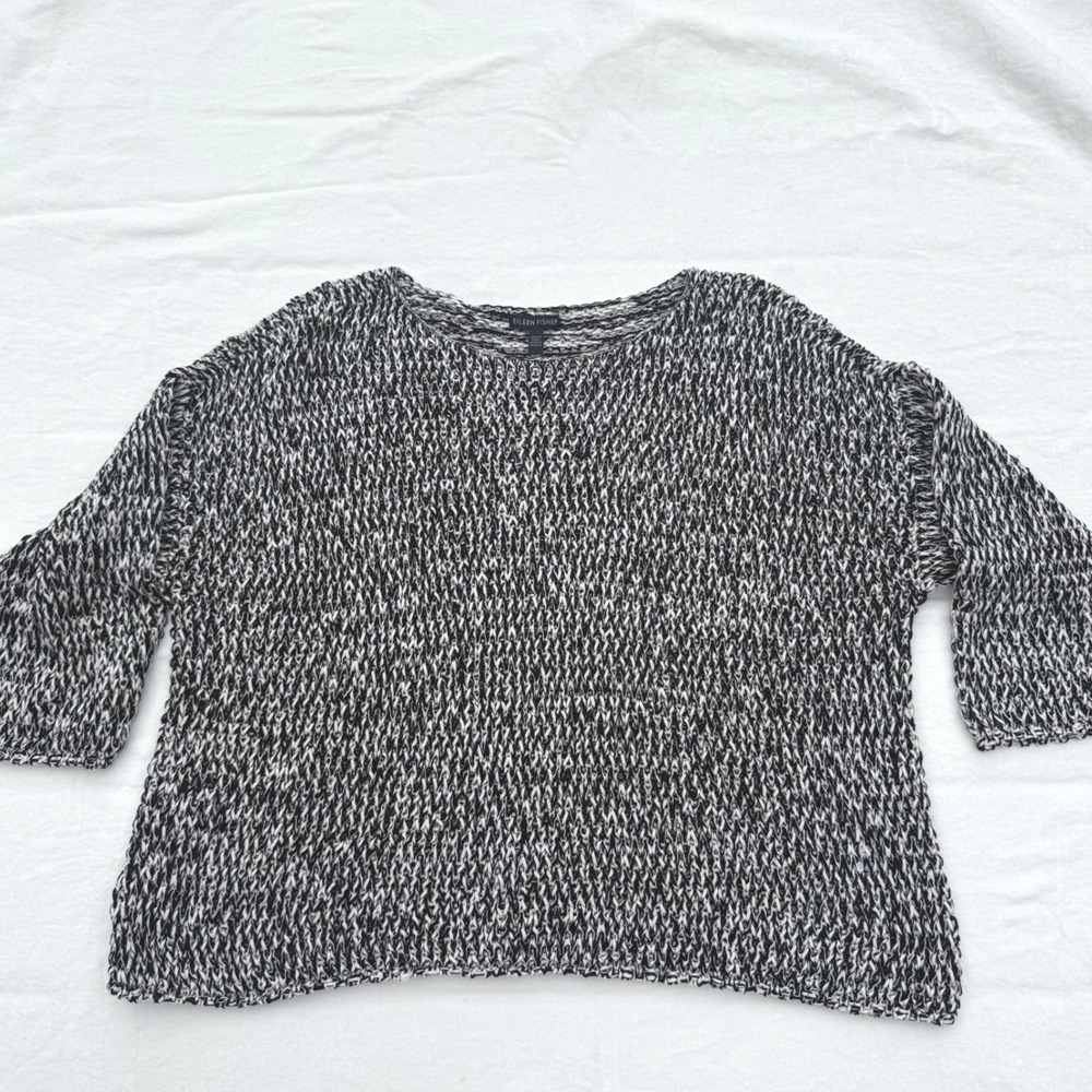 Eileen Fisher Organic Cotton Blend Marled Knit Boatneck Sweater Black White L